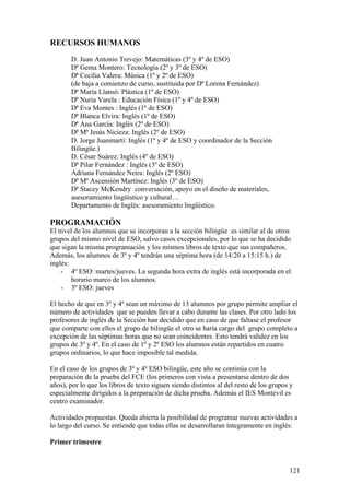 121
RECURSOS HUMANOS
D. Juan Antonio Trevejo: Matemáticas (3º y 4º de ESO)
Dª Gema Montero: Tecnología (2º y 3º de ESO)
Dª Cecilia Valera: Música (1º y 2º de ESO)
(de baja a comienzo de curso, sustituida por Dª Lorena Fernández)
Dª María Llansó: Plástica (1º de ESO)
Dª Nuria Varela : Educación Física (1º y 4º de ESO)
Dª Eva Montes : Inglés (1º de ESO)
Dª Blanca Elvira: Inglés (1º de ESO)
Dª Ana García: Inglés (2º de ESO)
Dª Mª Jesús Nicieza: Inglés (2º de ESO)
D. Jorge Juanmartí: Inglés (1º y 4º de ESO y coordinador de la Sección
Bilingüe.)
D. César Suárez: Inglés (4º de ESO)
Dª Pilar Fernández : Inglés (3º de ESO)
Adriana Fernández Neira: Inglés (2º ESO)
Dª Mª Ascensión Martínez: Inglés (3º de ESO)
Dª Stacey McKendry conversación, apoyo en el diseño de materiales,
asesoramiento lingüistico y cultural…
Departamento de Inglés: asesoramiento lingüístico.
PROGRAMACIÓN
El nivel de los alumnos que se incorporan a la sección bilingüe es similar al de otros
grupos del mismo nivel de ESO, salvo casos excepcionales, por lo que se ha decidido
que sigan la misma programación y los mismos libros de texto que sus compañeros.
Además, los alumnos de 3º y 4º tendrán una séptima hora (de 14:20 a 15:15 h.) de
inglés:
- 4º ESO: martes/jueves. La segunda hora extra de inglés está incorporada en el
horario marco de los alumnos.
- 3º ESO: jueves
El hecho de que en 3º y 4º sean un máximo de 13 alumnos por grupo permite ampliar el
número de actividades que se pueden llevar a cabo durante las clases. Por otro lado los
profesores de inglés de la Sección han decidido que en caso de que faltase el profesor
que comparte con ellos el grupo de bilingüe el otro se haría cargo del grupo completo a
excepción de las séptimas horas que no sean coincidentes. Esto tendrá validez en los
grupos de 3º y 4º. En el caso de 1º y 2º ESO los alumnos están repartidos en cuatro
grupos ordinarios, lo que hace imposible tal medida.
En el caso de los grupos de 3º y 4º ESO bilingüe, este año se continúa con la
preparación de la prueba del FCE (los primeros con vista a presentarse dentro de dos
años), por lo que los libros de texto siguen siendo distintos al del resto de los grupos y
especialmente dirigidos a la preparación de dicha prueba. Además el IES Montevil es
centro examinador.
Actividades propuestas. Queda abierta la posibilidad de programar nuevas actividades a
lo largo del curso. Se entiende que todas ellas se desarrollaran íntegramente en inglés:
Primer trimestre
 