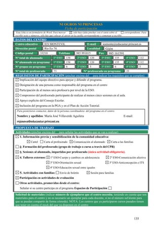 135
NI OGROS NI PRINCESAS
Ficha de participación
Esta f icha es un formulario de Word. Para marcar , sólo hace falta pinchar con el ratón sobre el correspondiente. Para
escribir texto o números, sólo hay que colocar el cursor en la casilla correspondiente y comenzar a escribir.
DATOS DEL CENTRO
Centro educativo IES MONTEVIL E-mail iesmonte@educastur.princast.es
Dirección postal Río Eo 74 Localidad Gijón
Código postal 33210 Teléfono 985 991015 Fax 985 161591
Nº total de alumnado 1º ESO 158 2º ESO 120 3º ESO 135 4º ESO 112
Nº alumnado en programa 1º ESO 158 2º ESO 120 3º ESO 135 4º ESO 112
Nº grupos en programa 1º ESO 6 2º ESO 5 3º ESO 6 4º ESO 5
Nº total de profesorado 73 Nº profesorado en programa 23
REQUISITOS DE PARTICIPACIÓN (pinchar encima del para indicar los requisitos que se cumplen)
Implicación del equipo directivo para apoyar y difundir el programa.
Designación de una persona como responsable del programa en el centro
Participación de al menos un/a profesor/a por nivel de la ESO.
Compromiso del profesorado participante de realizar al menos cinco sesiones en el aula.
Apoyo explícito del Consejo Escolar.
Inclusión del programa en la PGA y en el Plan de Acción Tutorial.
Para posteriores contactos, datos de la persona coordinadora del programa en el centro:
Nombre y apellidos: María José Villaverde Aguilera E-mail:
mjoseva@educastur.princast.es
PROPUESTA DE TRABAJO
Actividades (pinchar encima del para señalar las actividades que se van a realizar)
1. Información previa y sensibilización de la comunidad educativa:
Cartel Carta al profesorado Comunicación al alumnado Carta a las familias
2. Formación del profesorado (grupo de trabajo o curso a través del CPR)
3. Sesiones al alumnado, impartidas por profesorado (única actividad obligatoria).
4. Talleres externos: 1º ESO-Cuerpo y cambios en adolescencia 2º ESO-Comunicación afectiva
3º ESO-Orientación sexual 3º ESO-Anticoncepción e ITS
4º ESO-Educación sexual entre iguales
5. Actividades con familias: Envío de boletín Sesión para familias
Participación en actividades de evaluación
Otras actividades, promovidas desde el centro:
Señalar si su centro participa en el programa Espacios de Participación:
Solicitud de materiales (indicar número de ejemplares que el centro necesita, teniendo en cuenta que son
materiales para el centro y no es necesario un ejemplar para cada docente, si no el número suf iciente para
que se puedan compartir de forma cómoda). NOTA: Los centros que ya participaron cursos pasados tienen
que tener en cuenta el stock del que ya disponen en el centro
 