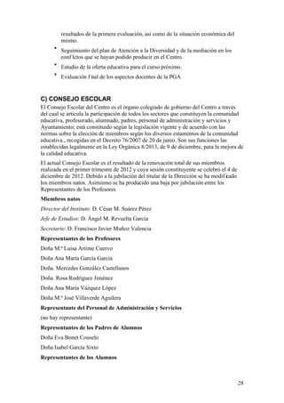 28
resultados de la primera evaluación, así como de la situación económica del
mismo.
• Seguimiento del plan de Atención a la Diversidad y de la mediación en los
conf lictos que se hayan podido producir en el Centro.
• Estudio de la oferta educativa para el curso próximo.
• Evaluación f inal de los aspectos docentes de la PGA
C) CONSEJO ESCOLAR
El Consejo Escolar del Centro es el órgano colegiado de gobierno del Centro a través
del cual se articula la participación de todos los sectores que constituyen la comunidad
educativa, profesorado, alumnado, padres, personal de administración y servicios y
Ayuntamiento; está constituido según la legislación vigente y de acuerdo con las
normas sobre la elección de miembros según los diversos estamentos de la comunidad
educativa., recogidas en el Decreto 76/2007 de 20 de junio. Son sus funciones las
establecidas legalmente en la Ley Orgánica 8/2013, de 9 de diciembre, para la mejora de
la calidad educativa.
El actual Consejo Escolar es el resultado de la renovación total de sus miembros
realizada en el primer trimestre de 2012 y cuya sesión constituyente se celebró el 4 de
diciembre de 2012. Debido a la jubilación del titular de la Dirección se ha modif icado
los miembros natos. Asimismo se ha producido una baja por jubilación entre los
Representantes de los Profesores
Miembros natos
Director del Instituto: D. César M. Suárez Pérez
Jefe de Estudios: D. Ángel M. Revuelta García
Secretario: D. Francisco Javier Muñoz Valencia
Representantes de los Profesores
Doña M.ª Luisa Artime Cuervo
Doña Ana María García García
Doña. Mercedes González Castellanos
Doña. Rosa Rodríguez Jiménez
Doña Ana María Vázquez López
Doña M.ª José Villaverde Aguilera
Representante del Personal de Administración y Servicios
(no hay representante)
Representantes de los Padres de Alumnos
Doña Eva Bonet Couselo
Doña Isabel García Sixto
Representantes de los Alumnos
 