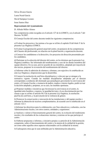 29
Silvia Álvarez García
Laura Nozal García
David Sampayo Lozano
Irene Santos Díaz
Representante del Ayuntamiento
D. Alfredo Millor Alonso
Sus competencias están recogidas en el artículo 127 de la LOMCE y en el artículo 7 del
Decreto 76/2007.
El Consejo Escolar del centro docente tendrá las siguientes competencias:
a) Evaluar los proyectos y las normas a los que se ref iere el capítulo II del título V de la
presente Ley Orgánica LOMCE.
b) Evaluar la programación general anual del centro, sin perjuicio de las competencias
del Claustro del profesorado, en relación con la planif icación y organización docente.
c) Conocer las candidaturas a la dirección y los proyectos de dirección presentados por
los candidatos.
d) Participar en la selección del director del centro, en los términos que la presente Ley
Orgánica establece. Ser informado del nombramiento y cese de los demás miembros del
equipo directivo. En su caso, previo acuerdo de sus miembros, adoptado por mayoría de
dos tercios, proponer la revocación del nombramiento del director.
e) Informar sobre la admisión de alumnos y alumnas, con sujeción a lo establecido en
esta Ley Orgánica y disposiciones que la desarrollen.
f) Conocer la resolución de conf lictos disciplinarios y velar por que se atengan a la
normativa vigente. Cuando las medidas disciplinarias adoptadas por el director
correspondan a conductas del alumnado que perjudiquen gravemente la convivencia del
centro, el Consejo Escolar, a instancia de padres, madres o tutores legales, podrá revisar
la decisión adoptada y proponer, en su caso, las medidas oportunas.
g) Proponer medidas e iniciativas que favorezcan la convivencia en el centro, la
igualdad entre hombres y mujeres, la igualdad de trato y la no discriminación por las
causas a que se ref iere el artículo 84.3 de la presente Ley Orgánica, la resolución
pacíf ica de conf lictos, y la prevención de la violencia de género.
h) Promover la conservación y renovación de las instalaciones y del equipo escolar e
informar la obtención de recursos complementarios, de acuerdo con lo establecido en el
artículo 122.3.
i) Informar las directrices para la colaboración, con f ines educativos y culturales, con las
Administraciones locales, con otros centros, entidades y organismos.
j) Analizar y valorar el funcionamiento general del centro, la evolución del rendimiento
escolar y los resultados de las evaluaciones internas y externas en las que participe el
centro.
k) Elaborar propuestas e informes, a iniciativa propia o a petición de la Administración
competente, sobre el funcionamiento del centro y la mejora de la calidad de la gestión,
así como sobre aquellos otros aspectos relacionados con la calidad de la misma.
l) Cualesquiera otras que le sean atribuidas por la Administración educativa.
 