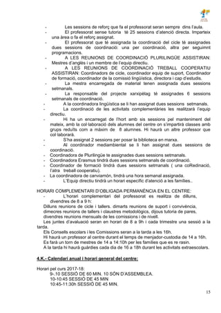 15
- Les sessions de reforç que fa el professorat seran sempre dins l’aula.
- El professorat sense tutoria té 25 sessions d’atenció directa. Imparteix
una àrea o fa el reforç assignat.
- El professorat que té assignada la coordinació del cicle té assignades
dues sessions de coordinació: una per coordinació, altra per seguimnt
programacions.
- A LES REUNIONS DE COORDINACIÓ PLURILINGÜE ASSISTIRAN:
Mestres d’anglès i un membre de l’equip directiu.
- A LES REUNIONS DE COORDINACIÓ TREBALL COOPERATIU
ASSISTIRAN: Coordinadors de cicle, coordinador equip de suport, Coordinador
de formació, coordinador de la comissió lingüística, directora i cap d’estudis.
- La mestra encarregada de material tenen assignada dues sessions
setmanals.
- La responsable del projecte xarxipèlag té assignades 6 sessions
setmanals de coordinació.
- A la coordinadora lingüística se li han assignat dues sessions setmanals.
- La coordinació de les activitats complementàries les realitzarà l’equip
directiu.
- Hi ha un encarregat de l’hort amb sis sessions pel manteniment del
mateix, amb la col·laboració dels alumnes del centre on s’impartirà classes amb
grups reduïts com a màxim de 8 alumnes. Hi haurà un altre professor que
col·laborarà.
- S’ha assignat 2 sessions per posar la biblioteca en marxa.
- Al coordinador mediambiental se li han assignat dues sessions de
coordinació.
- Coordinadora de Plurilingüe te assignades dues sessions setmanals.
- Coordinadora Erasmus tindrà dues sessions setmanals de coordinació.
- Coordinador de formació tindrà dues sessions setmanals ( una coRedinació,
l’atra treball cooperatiu).
- La coordinadora de canviamón, tindrà una hora semanal assignada.
- L’Equip directiu tindrà un horari específic d’atenció a les famílies..
HORARI COMPLEMENTARI D’OBLIGADA PERMANÈNCIA EN EL CENTRE:
- L’horari complementari del professorat es realitza de dilluns,
divendres de 8 a 9 h:
Dilluns reunions de cicle i tallers. dimarts reunions de suport i convivència,
dimecres reunions de tallers i claustres metodològics, dijous tutoria de pares,
divendres reunions mensuals de les comissions i de nivell.
Les juntes d’avaluació seran en horari de 8 a 9h i cada trimestre una sessió a la
tarda.
Els Consells escolars i les Comissions seran a la tarda a les 16h.
Hi haurà un professor al centre durant el temps de menjador-custodia de 14 a 16h.
Es farà un torn de mestres de 14 a 14:10h per les famílies que es re rasin.
A la tarda hi haurà guàrdies cada dia de 16 a 18h durant les activitats extraescolars.
4.K.- Calendari anual i horari general del centre:
Horari pel curs 2017-18:
9-.10 SESSIÓ DE 60 MIN. 10 SÓN D’ASSEMBLEA.
10-10:45 SESSIÓ DE 45 MIN
10:45-11:30h SESSIÓ DE 45 MIN.
 