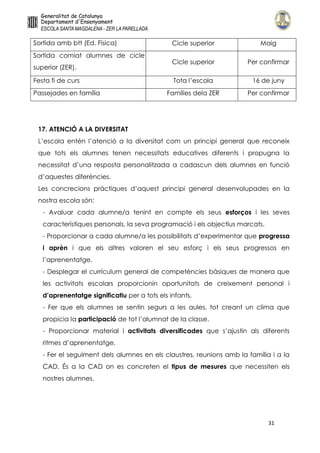 31
Sortida amb btt (Ed. Física) Cicle superior Maig
Sortida comiat alumnes de cicle
superior (ZER).
Cicle superior Per confirmar
Festa fi de curs Tota l’escola 16 de juny
Passejades en família Famílies dela ZER Per confirmar
17. ATENCIÓ A LA DIVERSITAT
L’escola entén l’atenció a la diversitat com un principi general que reconeix
que tots els alumnes tenen necessitats educatives diferents i propugna la
necessitat d’una resposta personalitzada a cadascun dels alumnes en funció
d’aquestes diferències.
Les concrecions pràctiques d’aquest principi general desenvolupades en la
nostra escola són:
- Avaluar cada alumne/a tenint en compte els seus esforços i les seves
característiques personals, la seva programació i els objectius marcats.
- Proporcionar a cada alumne/a les possibilitats d’experimentar que progressa
i aprèn i que els altres valoren el seu esforç i els seus progressos en
l’aprenentatge.
- Desplegar el currículum general de competències bàsiques de manera que
les activitats escolars proporcionin oportunitats de creixement personal i
d’aprenentatge significatiu per a tots els infants.
- Fer que els alumnes se sentin segurs a les aules, tot creant un clima que
propicia la participació de tot l’alumnat de la classe.
- Proporcionar material i activitats diversificades que s’ajustin als diferents
ritmes d’aprenentatge.
- Fer el seguiment dels alumnes en els claustres, reunions amb la família i a la
CAD. És a la CAD on es concreten el tipus de mesures que necessiten els
nostres alumnes.
 