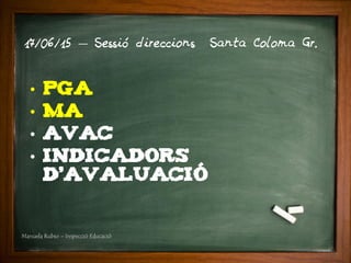 • PGA
• MA
• AVAC
• INDICADORS
D’AVALUACIÓ
17/06/15 – Sessió direccions Santa Coloma Gr.
Manuela Rubio – Inspecció Educació
 