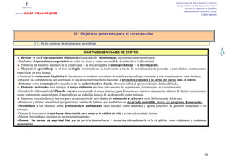 CONSEJERÍA DE EDUCACIÓN Y CIENCIA
                                                                                                                              Delegación Provincial de Educación y Ciencia
                                                                                                                                       Servicio de Inspección de Educación
                                                                                                                                      PROGRAMACIÓN GENERAL ANUAL
     :C.E.I.P VILLA DE QUER
CENTRO
                                                                                                                                                         CURSO: 2010/2011




                                              II.- Objetivos generales para el curso escolar

              II.1.- En los procesos de enseñanza y aprendizaje


                                                     OBJETIVOS GENERALES DE CENTRO
    Revisar en las Programaciones Didácticas el apartado de Metodologías, incluyendo nuevos métodos.
  Implantar el aprendizaje cooperativo en todas las áreas y como una medida de atención a la diversidad.
    Potenciar en nuestros alumnos/as la creatividad y la iniciativa para el autoaprendizaje y la investigación.
    Mejorar el aprendizaje en el área de inglés insistiendo en la motivación a través de la realización de jornadas y actividades, cuentacuentos
 específicas en esta lengua.
  Aumentar la competencia lingüística de los alumnos/as mediante actividades de enseñanza/aprendizaje vinculadas a esta competencia en todas las áreas.
  Mejorar las competencias del alumnado en las áreas instrumentales haciendo 2 proyectos comunes a lo largo del curso todo el centro.
  Orientar sobre estrategias favorecedoras de la inclusividad en el aula. Asesorar sobre el apoyo ordinario dentro del aula.
    Elaborar materiales para trabajar el apoyo ordinario en clase (documento de seguimiento y estrategias de coordinación).
  Concluir la elaboración del Plan de Lectura comenzado el curso anterior, para fomentar en nuestros alumnos/as hábitos de lectura comprensiva
 como instrumento esencial para el aprendizaje de todas las áreas y de su desarrollo como persona.
    Mantener un calendario y horario para la realización de actividades de animación a la lectura en la Biblioteca de doble uso.
  Promover y alentar una actitud que genere un cambio de hábitos que posibiliten un desarrollo sostenible dentro del programa Ecoescuelas.
  Sensibilizar a los alumnos sobre problemáticas ambientales tanto sociales como naturales y aporte colectivo de posibles soluciones a los
 mismos.
  Valorar la importancia de una buena alimentación para mejorar la calidad de vida y evitar enfermedades futuras.
  Mejorar los resultados escolares en las áreas instrumentales.
  Conocer las normas de seguridad Vial, que les permita desenvolverse y conducirse adecuadamente en la vía pública como ciudadanos y ciudadanas
 responsables.




                                                                                                                                                            10
 