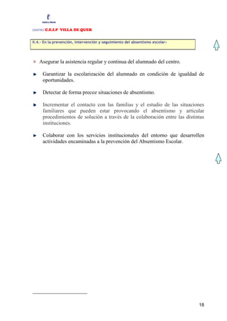 CENTRO:C.E.I.P VILLA DE QUER

II.4.- En la prevención, intervención y seguimiento del absentismo escolar1




   Asegurar la asistencia regular y continua del alumnado del centro.

     Garantizar la escolarización del alumnado en condición de igualdad de
     oportunidades.

     Detectar de forma precoz situaciones de absentismo.

     Incrementar el contacto con las familias y el estudio de las situaciones
     familiares que pueden estar provocando el absentismo y articular
     procedimientos de solución a través de la colaboración entre las distintas
     instituciones.

     Colaborar con los servicios institucionales del entorno que desarrollen
     actividades encaminadas a la prevención del Absentismo Escolar.




                                                                              18
 