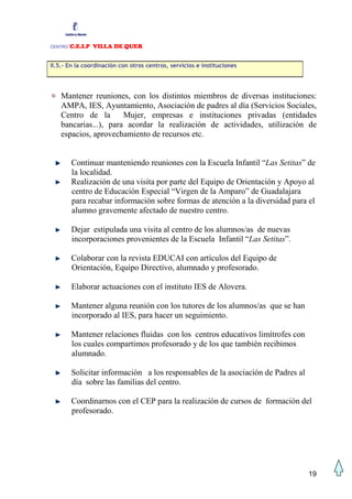 CENTRO:C.E.I.P VILLA DE QUER

II.5.- En la coordinación con otros centros, servicios e instituciones




   Mantener reuniones, con los distintos miembros de diversas instituciones:
   AMPA, IES, Ayuntamiento, Asociación de padres al día (Servicios Sociales,
   Centro de la       Mujer, empresas e instituciones privadas (entidades
   bancarias...), para acordar la realización de actividades, utilización de
   espacios, aprovechamiento de recursos etc.


         Continuar manteniendo reuniones con la Escuela Infantil “Las Setitas” de
         la localidad.
         Realización de una visita por parte del Equipo de Orientación y Apoyo al
         centro de Educación Especial “Virgen de la Amparo” de Guadalajara
         para recabar información sobre formas de atención a la diversidad para el
         alumno gravemente afectado de nuestro centro.

         Dejar estipulada una visita al centro de los alumnos/as de nuevas
         incorporaciones provenientes de la Escuela Infantil “Las Setitas”.

         Colaborar con la revista EDUCAI con artículos del Equipo de
         Orientación, Equipo Directivo, alumnado y profesorado.

         Elaborar actuaciones con el instituto IES de Alovera.

         Mantener alguna reunión con los tutores de los alumnos/as que se han
         incorporado al IES, para hacer un seguimiento.

         Mantener relaciones fluidas con los centros educativos limítrofes con
         los cuales compartimos profesorado y de los que también recibimos
         alumnado.

         Solicitar información a los responsables de la asociación de Padres al
         día sobre las familias del centro.

         Coordinarnos con el CEP para la realización de cursos de formación del
         profesorado.




                                                                                  19
 