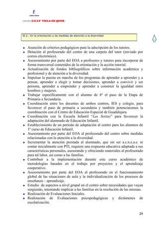 CENTRO:C.E.I.P VILLA DE QUER



III.2.- En la orientación y las medidas de atención a la diversidad



   Asunción de criterios pedagógicos para la adscripción de los tutores.
   Dotación al profesorado del centro de una carpeta del tutor (enviado por
   correo electrónico).
   Asesoramiento por parte del EOA a profesores y tutores para incorporar de
   forma transversal contenidos de la orientación y la acción tutorial.
   Actualización de fondos bibliográficos sobre información académica y
   profesional y de atención a la diversidad.
   Impulsar la puesta en marcha de los programas de aprender a aprender y a
   pensar, aprender a elegir y tomar decisiones, aprender a convivir y ser
   persona, aprender a emprender y aprender a construir la igualdad entre
   hombres y mujeres.
   Trabajar específicamente con el alumno de 6º el paso de la Etapa de
   Primaria a Secundaria.
   Coordinación entre los docentes de ambos centros, IES y colegio, para
   favorecer el paso de primaria a secundaria y también potenciaremos la
   coordinación con el Centro de Educación Especial de Guadalajara.
   Coordinación con la Escuela Infantil “Las Setitas” para favorecer la
   adaptación del alumnado de Educación Infantil.
   Establecimiento de un periodo de adaptación al centro para los alumnos de
   1º curso de Educación Infantil.
   Asesoramiento por parte del EOA al profesorado del centro sobre medidas
   relacionadas con la atención a la diversidad.
   Incrementar la atención prestada al alumnado, que sin ser a.c.n.e.a.e. ni
   contar inicialmente con PTI, requiere una respuesta educativa adaptada a sus
   características personales, asesorando y ofreciendo materiales al profesorado
   para tal labor, así como a las familias.
   Contribuir a la implementación durante este curso académico de
   metodologías basadas en el trabajo por proyectos y el aprendizaje
   cooperativo.
   Asesoramiento por parte del EOA al profesorado en el funcionamiento
   global de las situaciones de aula y la individualización de los procesos de
   enseñanza – aprendizaje.
   Estudio de aspectos a nivel grupal en el centro sobre necesidades que vayan
   surgiendo, intentando implicar a las familias en la resolución de las mismas.
   Realización de Evaluaciones Iniciales.
   Realización de Evaluaciones psicopedagógicas y dictámenes de
   escolarización.


                                                                             24
 