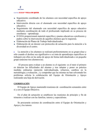 :C.E.I.P VILLA DE QUER
CENTRO



   Seguimiento coordinado de los alumnos con necesidad específica de apoyo
   educativo.
   Intervención directa con el alumnado con necesidad específica de apoyo
   educativo.
   Seguimiento del alumnado con necesidad específica de apoyo educativo
   mediante coordinación de todo el profesorado implicado en su proceso de
   enseñanza – aprendizaje.
   El EOA proporcionará material específico y pautas educativas a profesores y
   padres sobre la intervención de aquellos alumnos que lo requieran.
   Elaboración de Planes de Trabajo Individualizados.
   Elaboración de un dossier con protocolos de actuación para la atención a la
   diversidad en el centro.

    La atención a los alumnos se realizará preferentemente en su grupo-clase y
sólo cuando el desfase sea significativo o se trata de aprendizajes específicos se
trabajará con ellos en las aulas de apoyo de forma individualizada o en pequeño
grupo (máximo tres alumnos/as).

      El proceso para evaluar a un alumno es el siguiente: es el tutor el primero
en detectar las dificultades del alumno y tras adoptar y poner en práctica
medidas ordinarias (atención individualizada, refuerzos, cambios en la
metodología y evaluación...) y comprobar que las mismas no han solventado los
problemas solicita la colaboración del Equipo de Orientación y Apoyo
realizando una hoja de derivación.

COORDINACIÓN
     El Equipo de Apoyo mantendrá reuniones de coordinación semanales entre
sí y con el Equipo Directivo.

    En el plan de actuación se establecen las reuniones de principio y fin de
trimestre a realizar con las familias, tutores y especialistas.

   Se procurarán sesiones de coordinación entre el Equipo de Orientación y
Apoyo y los tutores.




                                                                               25
 