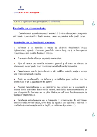 CENTRO:C.E.I.P VILLA DE QUER



III.3.- En la organización de la participación y la convivencia



En relación con el Ayuntamiento:

       Coordinarnos periódicamente al menos 1 ó 2 veces al mes para programar
actividades o para resolver los temas que vayan surgiendo a lo largo del curso.

En relación con las familias del alumnado:

    Informar a las familias a través de diversos documentos (hojas
informativas, agenda, circulares, panel del centro, blog, etc.), de los aspectos
relacionados con la vida diaria del colegio.

     Asesorar a las familias en su práctica educativa.

    Fijar al menos una reunión trimestral general y al tener un número de
alumnos/as menor poder tener reuniones individuales más frecuentes.

    Coordinarnos con la junta directiva del AMPA, estableciendo al menos
una reunión mensual con ella.

    Pedir su colaboración en talleres y actividades para realizar con los
alumnos/as y en la decoración del centro.

    Animar personalmente a los miembros más activos de la asociación a
asumir tareas concretas dentro de la misma, insistiendo fundamentalmente en
que el reparto de funciones es un pilar básico para el buen funcionamiento de
cualquier organización.

    Colaborar estrechamente en la búsqueda y organización de actividades
extraescolares por las tardes, sobre todo de aquellas que ayuden a mejorar el
rendimiento escolar (informática, inglés, actividades deportivas…).




                                                                             26
 