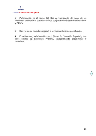 :C.E.I.P VILLA DE QUER
CENTRO



      Participación en el marco del Plan de Orientación de Zona, de las
 reuniones, seminarios o cursos de trabajo conjunto con el resto de orientadores
 y PTSCs.


         Derivación de casos (si procede) a servicios externos especializados.

      Coordinación y colaboración con el Centro de Educación Especial y con
 otros centros de Educación Primaria, intercambiando experiencias y
 materiales.




                                                                                 29
 