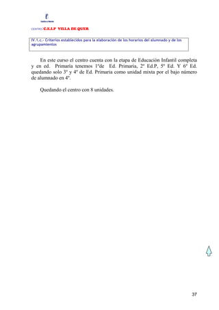 CENTRO:C.E.I.P VILLA DE QUER

IV.1.c.- Criterios establecidos para la elaboración de los horarios del alumnado y de los
agrupamientos



    En este curso el centro cuenta con la etapa de Educación Infantil completa
y en ed. Primaría tenemos 1ºde Ed. Primaria, 2º Ed.P, 5º Ed. Y 6º Ed.
quedando solo 3º y 4º de Ed. Primaria como unidad mixta por el bajo número
de alumnado en 4º.

     Quedando el centro con 8 unidades.




                                                                                            37
 