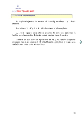 CENTRO:C.E.I.P VILLA DE QUER

IV.2.- Organización de los espacios



    En la planta baja están las aulas de ed. Infantil y un aula de 1º y 2º de ed.
Primaria.

         Las aulas de 3º y 4º y 5º y 6º están situadas en la primera planta.

     Al tener espacios suficientes en el centro ha hecho que pensemos en
habilitar un aula específica de inglés, otra de plástica y una de música.

     También en este curso la especialista de PT y AL tendrán despachos
separados, pues la especialista de PT está el horario completo en el colegio y no
media jornada como en cursos anteriores.




                                                                               38
 