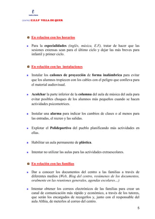 :C.E.I.P VILLA DE QUER
CENTRO




         En relacion con los horarios

         Para la especialidades (inglés, música, E.F), tratar de hacer que las
         sesiones extensas sean para el último ciclo y dejar las más breves para
         infantil y primer ciclo.


         En relación con las instalaciones

         Instalar los cañones de proyección de forma inalámbrica para evitar
         que los alumnos tropiecen con los cables con el peligro que conlleva para
         el material audiovisual.

         Acolchar la parte inferior de la columna del aula de música del aula para
         evitar posibles choques de los alumnos más pequeños cuando se hacen
         actividades psicomotrices.

         Instalar una alarma para indicar los cambios de clases o al menos para
         las entradas, el recreo y las salidas.

         Explotar el Polideportivo del pueblo planificando más actividades en
         ellas.

         Habilitar un aula permanente de plástica.

         Intentar no utilizar las aulas para las actividades extraescolares.


         En relación con las familias

         Dar a conocer los documentos del centro a las familias a través de
         diferentes medios (Web, Blog del centro, resúmenes de los documentos,
         oralmente en las reuniones generales, agendas escolares…)

         Intentar obtener los correos electrónicos de las familias para crear un
         canal de comunicación más rápido y económico, a través de los tutores,
         que serán los encargados de recogerlos y, junto con el responsable del
         aula Althia, de meterlos al correo del centro.
                                                                                5
 