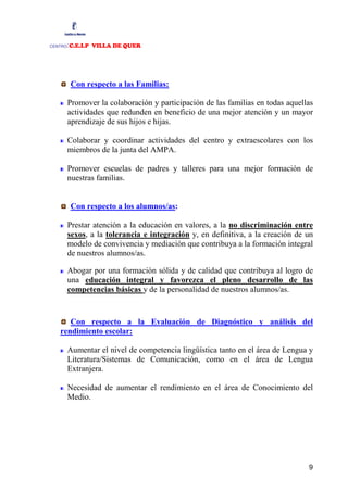 :C.E.I.P VILLA DE QUER
CENTRO




         Con respecto a las Familias:

         Promover la colaboración y participación de las familias en todas aquellas
         actividades que redunden en beneficio de una mejor atención y un mayor
         aprendizaje de sus hijos e hijas.

         Colaborar y coordinar actividades del centro y extraescolares con los
         miembros de la junta del AMPA.

         Promover escuelas de padres y talleres para una mejor formación de
         nuestras familias.


         Con respecto a los alumnos/as:

         Prestar atención a la educación en valores, a la no discriminación entre
         sexos, a la tolerancia e integración y, en definitiva, a la creación de un
         modelo de convivencia y mediación que contribuya a la formación integral
         de nuestros alumnos/as.

         Abogar por una formación sólida y de calidad que contribuya al logro de
         una educación integral y favorezca el pleno desarrollo de las
         competencias básicas y de la personalidad de nuestros alumnos/as.


      Con respecto a la Evaluación de Diagnóstico y análisis del
   rendimiento escolar:

         Aumentar el nivel de competencia lingüística tanto en el área de Lengua y
         Literatura/Sistemas de Comunicación, como en el área de Lengua
         Extranjera.

         Necesidad de aumentar el rendimiento en el área de Conocimiento del
         Medio.




                                                                                 9
 