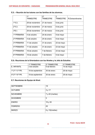 CEIP MIGUEL DE CERVANTES – CAZALEGAS PROGRAMACIÓN GENERAL ANUAL 2018 /2019
44
P.G.A – Curso 18/19
E.5. – Reunión de los tutores con las familias de los alumnos.
1º
TRIMESTRE
2º
TRIMESTRE
3
TRIMESTRE R.Extraordinarias
1º E.I. 29 de noviembre 21 de marzo 6 de junio
2º E.I. 29 de noviembre 21 de marzo 6 de junio
3ºE.I. 29 de noviembre 21 de marzo 6 de junio
1º PRIMARIA 4 de octubre 24 de enero 9 de mayo
2º PRIMARIA 4 de octubre 24 de enero 9 de mayo
3º PRIMARIA 11 de octubre 31 de enero 23 de mayo
4º PRIMARIA 11 de octubre 31 de enero 23 de mayo
5º PRIMARIA 18 de octubre 7 de febrero 23 de mayo
6º PRIMARIA 18 de octubre 7 de febrero 9 de mayo
E.6.- Reuniones de la Orientadora con los Niveles y la Jefa de Estudios
1º TRIMESTRE 2º TRIMESTRE 3º TRIMESTRE
E. INFANTIL 3 de octubre 6 de febrero 15 de mayo
1º.2º Y 3º PR. 19 de septiembre 30 de enero 29 de mayo
4º,5º Y 6º PR. 19 de septiembre 30 de enero 29 de mayo
E.7. Reuniones de Equipo de Nivel.
SEPTIEMBRE 19
OCTUBRE 3 y 17
NOVIEMBRE 7 y 20 (martes)
DICIEMBRE 5
ENERO 16 y 30
FEBRERO 20
MARZO 6 y 19(martes)
 