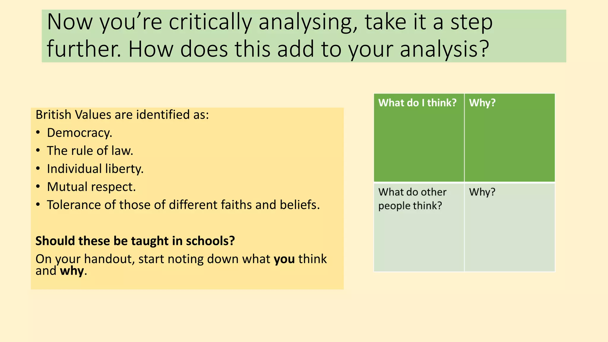 Now you’re critically analysing, take it a step
further. How does this add to your analysis?
British Values are identified as:
• Democracy.
• The rule of law.
• Individual liberty.
• Mutual respect.
• Tolerance of those of different faiths and beliefs.
Should these be taught in schools?
On your handout, start noting down what you think
and why.
 