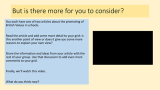 But is there more for you to consider?
You each have one of two articles about the promoting of
British Values in schools.
Read the article and add some more detail to your grid: is
this another point of view or does it give you some more
reasons to explain your own view?
Share the information and ideas from your article with the
rest of your group. Use that discussion to add even more
comments to your grid.
Finally, we’ll watch this video.
What do you think now?
 