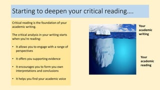 Starting to deepen your critical reading….
Critical reading is the foundation of your
academic writing.
The critical analysis in your writing starts
when you’re reading:
• It allows you to engage with a range of
perspectives
• It offers you supporting evidence
• It encourages you to form you own
interpretations and conclusions
• It helps you find your academic voice
 