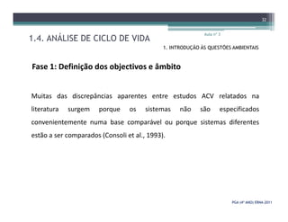 1.4. ANÁLISE DE CICLO DE VIDA
Aula nº 3
32
1. INTRODUÇÃO ÀS QUESTÕES AMBIENTAIS
Fase 1: Definição dos objectivos e âmbito
Muitas das discrepâncias aparentes entre estudos ACV relatados na
literatura surgem porque os sistemas não são especificados
PGA (4º ANO) ERNAPGA (4º ANO) ERNA--20112011
literatura surgem porque os sistemas não são especificados
convenientemente numa base comparável ou porque sistemas diferentes
estão a ser comparados (Consoli et al., 1993).
 