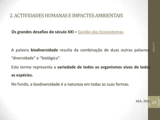 2.ACTIVIDADESHUMANASEIMPACTESAMBIENTAIS
Os grandes desafios do século XXI – Gestão dos Ecossistemas
A palavra biodiversidade resulta da combinação de duas outras palavras:
“diversidade” e “biológica”.
Este termo representa a variedade de todos os organismos vivos de todas
as espécies.
No fundo, a biodiversidade é a natureza em todas as suas formas.
AEA, 2010
Aulanº5
29
 