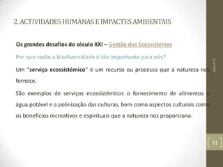 2.ACTIVIDADESHUMANASEIMPACTESAMBIENTAIS
Os grandes desafios do século XXI – Gestão dos Ecossistemas
Por que razão a biodiversidade é tão importante para nós?
Um “serviço ecossistémico” é um recurso ou processo que a natureza nos
fornece.
São exemplos de serviços ecossistémicos o fornecimento de alimentos e
água potável e a polinização das culturas, bem como aspectos culturais como
os benefícios recreativos e espirituais que a natureza nos proporciona.
Aulanº5
31
 
