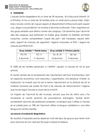 5
2. DIAGNOSI
L’escola Santa Magdalena té un total de 39 alumnes, 18 a Educació Infantil i 21
a Primària. Hi ha un total de 26 famílies amb un nivell sòcio-cultural mitjà, mitjà–
baix.L’escola consta de 3 grups segons el Departament d’Educació però aquest
curs, degut a la pandèmia i al nombre d’alumnes matriculat, l’hem organitzat en
dos grups estables que alhora conten dos subgrups. Cal esmentar que l’alumnat
dels dos subgrups que pertanyen al mateix grup estable no realitzen activitats
conjuntes, només comparteixen l’espai del pati i del menjador, aquest últim
però, seguint les mesures de seguretat i higiene marcades al POC i segons les
mesures pel PROCICAT.
Grup estable 1: Planta baixa Grup estable 2: Primera planta
P3 i P4
9 alumnes
P5 i 1r
11 alumnes
2n, 3r i 4t
10 alumnes
5è i 6è
9 alumnes
El 100% de les famílies pertanyen a l’AMIPA i ajuden a l’escola en tot el que
precisa.
El centre també rep el recolzament de l’ajuntament del Pont d’Armentera, tant
en aspectes econòmics com educatius i organitzatius. Cal destacar l’interès, la
implicació i la inversió que ha dut a terme l’ajuntament en la dotació de tot el
material necessari per poder fer front a les mesures de distanciament i higiene
que ha de seguir l’escola a causa de la covid19.
La majoria de l’alumnat és del municipi, encara que ens els últims anys s’ha
incorporat al centre alumnat de procedència estrangera. També tenim
escolaritzats alumnes de poblacions properes. La llengua que s’utilitza a l’escola
és el català però un 70% de l’alumnat utilitza la llengua castellana o una altra
llengua en l’entorn familiar.
Les proves d’avaluació diagnòstica:
Els resultats d’aquestes proves depenen molt del tipus de grup ja que tenim molt
pocs alumnes al curs i això pot fer pujar o baixar la mitjana.
 