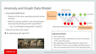 Copyright © 2017, Oracle and/or its affiliates. All rights reserved. |
• Anomaly Definition
– Doctors of the same specialty provide similar
services
– What if a doctor perform a lot of treatments
that typically belong to other specialties?
• E.g. a cardiologist doing plastic surgery?
• How do we find such cases?
 By applying graph algorithm
Anomaly and Graph Data Model
“There is a spy among us”
Dr.
Frankenstein,
Prescribe Aspirin
Optometrists
CMS data represented as a graph
providers
services
Approach (sketch)
• Pick a specialty
• Compute random-walk distance from the doctors
of this specialty group
• (By applying personalized Pagerank algorithm)
• And check if there is any outside-specialty doctors
who are exceptionally close to this specialty group
 