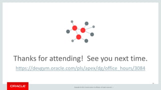 Copyright © 2017, Oracle and/or its affiliates. All rights reserved. |
49
Thanks for attending! See you next time.
https://devgym.oracle.com/pls/apex/dg/office_hours/3084
 