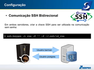 Configuração
● Comunicação SSH Bidirecional
Em ambos servidores, criar a chave SSH para ser utilizada na comunicação
sem senha:
$ ssh­keygen ­t rsa ­P '' ­f ~/.ssh/id_rsa
Usuário barman
Usuário postgres
 