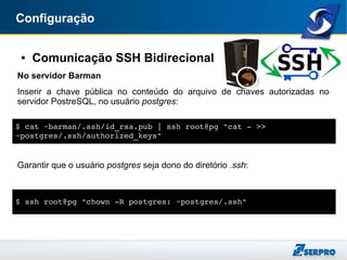Configuração
● Comunicação SSH Bidirecional
No servidor Barman
Inserir a chave pública no conteúdo do arquivo de chaves autorizadas no
servidor PostreSQL, no usuário postgres:
Garantir que o usuário postgres seja dono do diretório .ssh:
$ cat ~barman/.ssh/id_rsa.pub | ssh root@pg "cat ­ >> 
~postgres/.ssh/authorized_keys"
$ ssh root@pg "chown ­R postgres: ~postgres/.ssh"
 