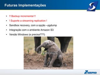 Futuras Implementações
● !! Backup incremental !!
● ! Suporte a streaming replication !
● Sandbox recovery, com a opção --pgdump
● Integração com o ambiente Amazon S3
● Versão Windows (e precisa???)
 