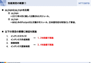 26Copyright © 2013 NTT DATA Corporation
性能測定の概要①
 pg_bigmとpg_trgmを比較
 pg_bigm
→2013年4月に新しく公開されたモジュール。
 pg_trgm
→おなじみのPostgreSQL付属のモジュール。日本語対応を有効にして参加。
 以下の項目の順番に検証を実施
1. インデックスサイズ
→ 1、2を前編で実施
2. インデックス作成時間
3. 検索時間
→ 3、4を後編で実施
4. インデックス更新時間
 