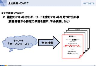 4Copyright © 2013 NTT DATA Corporation
全文検索ってなに？
全文検索ってなに？
 複数のテキストからキーワードを含むテキストを見つけ出す事
(英語辞書から特定の単語を探す、Web検索、など)
東京都・・・・
・・・・・・・・
・・・・・・・・・図書館・・・・
・・・・・・・・
・・・・・・・・・・・・
・・オープンソース・・・
・・・・・・・・
・・・・・
・・・・・・・・本。
・学校・・・・・・・・・
東京都で・・・・
・・・・・・・・
・・・・・・
・・・データベース・・・
・・・・・・・・
・・・・・・・・・・・・
・・・・・
・・・・・・・・
東京都・・・・
・・・・・・・・
・・・・・・・・・図書館・・・・
・・・・・・・・
・・・・・・・・・・・・
・・オープンソース・・・
・・・・・・・・
・・・・・
・・・・・・・・本。
・学校・・・・・・・・・
全文検索
キーワード
「オープンソース」
 