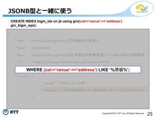 25Copyright©2016 NTT corp. All Rights Reserved.
1.  pg_̲bigmの特徴
•  9.4以降降がおすすめ
•  レプリケーション対応
•  得意/苦⼿手な全⽂文検索索
2.  関連するパラメータ・オプション
•  FASTUPDATEオプション
•  各種チューニングパラメータ
3.  便便利利なTIPS
•  likequery()関数
•  JSONBと⼀一緒に使う
まとめ
 