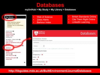 Databases
myUniHub > My Study > My Library > Databases
http://libguides.mdx.ac.uk/BuiltEnvironment/JournalDatabases
• Web ...