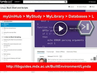 myUniHub > MyStudy > MyLibrary > Databases > L
http://libguides.mdx.ac.uk/BuiltEnvironment/Lynda
 