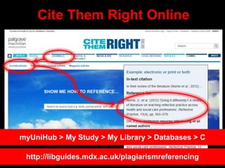 Cite Them Right Online
myUniHub > My Study > My Library > Databases > C
http://libguides.mdx.ac.uk/plagiarismreferencing
 
