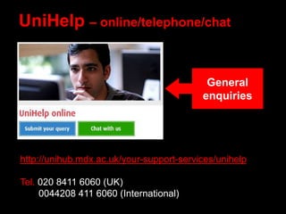 UniHelp – online/telephone/chat
http://unihub.mdx.ac.uk/your-support-services/unihelp
Tel. 020 8411 6060 (UK)
0044208 411 6060 (International)
General
enquiries
 
