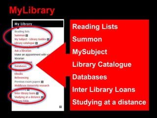 MyLibrary
Reading Lists
Summon
MySubject
Library Catalogue
Databases
Inter Library Loans
Studying at a distance
 