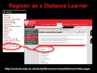 Register as a Distance Learner
http://unihub.mdx.ac.uk/study/library/services/distance/index.aspx
 