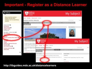 Important - Register as a Distance Learner
http://libguides.mdx.ac.uk/distancelearners
 
