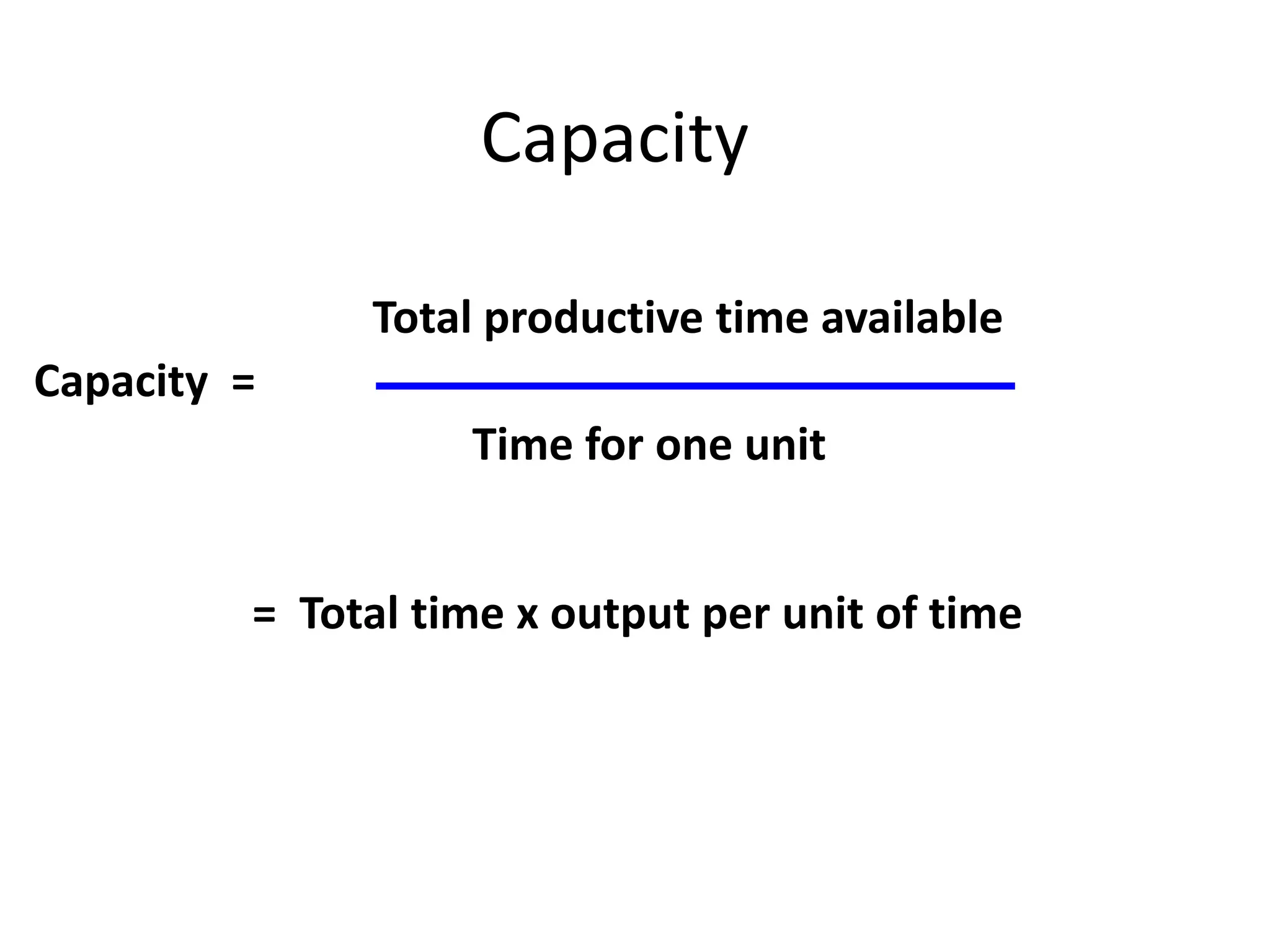 Capacity =
Total productive time available
Time for one unit
= Total time x output per unit of time
Capacity
 