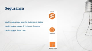 Segurança
Usuário não possui a senha do banco de dados
Usuário não acessa o IP do banco de dados
Usuário não é Super User
 