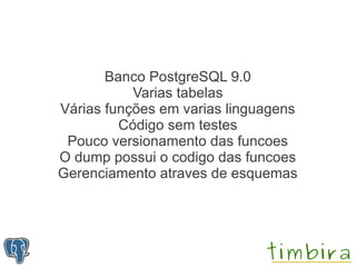 Banco PostgreSQL 9.0
           Varias tabelas
Várias funções em varias linguagens
         Código sem testes
 Pouco versionamento das funcoes
O dump possui o codigo das funcoes
Gerenciamento atraves de esquemas
 