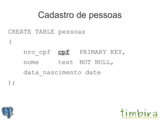 Cadastro de pessoas
CREATE TABLE pessoas
(
     nro_cpf   cpf   PRIMARY KEY,
     nome      text NOT NULL,
     data_nascimento date
);
 