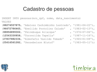 Cadastro de pessoas
INSERT INTO pessoas(nro_cpf, nome, data_nascimento)
VALUES
(88274557875, 'Adaloso Cachimbinho Lustrado', '1981-04-22'),
(96672786465, 'Enelildo Protolino Calado'   , '1983-02-13'),
(88856899302, 'Feicebuque Ailaique'         , '1976-07-06'),
(12563330858, 'Torrecilda Tapelia'          , '1987-11-16'),
(27837882334, 'Almofafio Vasildo Tomado'    , '1965-01-08'),
(25616561282, 'Uessebelson Blutuf'          , '1983-05-11');
 