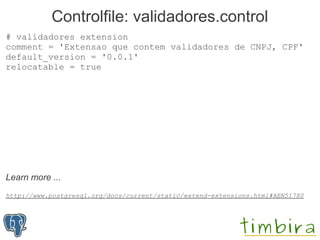 Controlfile: validadores.control
# validadores extension
comment = 'Extensao que contem validadores de CNPJ, CPF'
default_version = '0.0.1'
relocatable = true




Learn more ...
http://www.postgresql.org/docs/current/static/extend-extensions.html#AEN51780
 