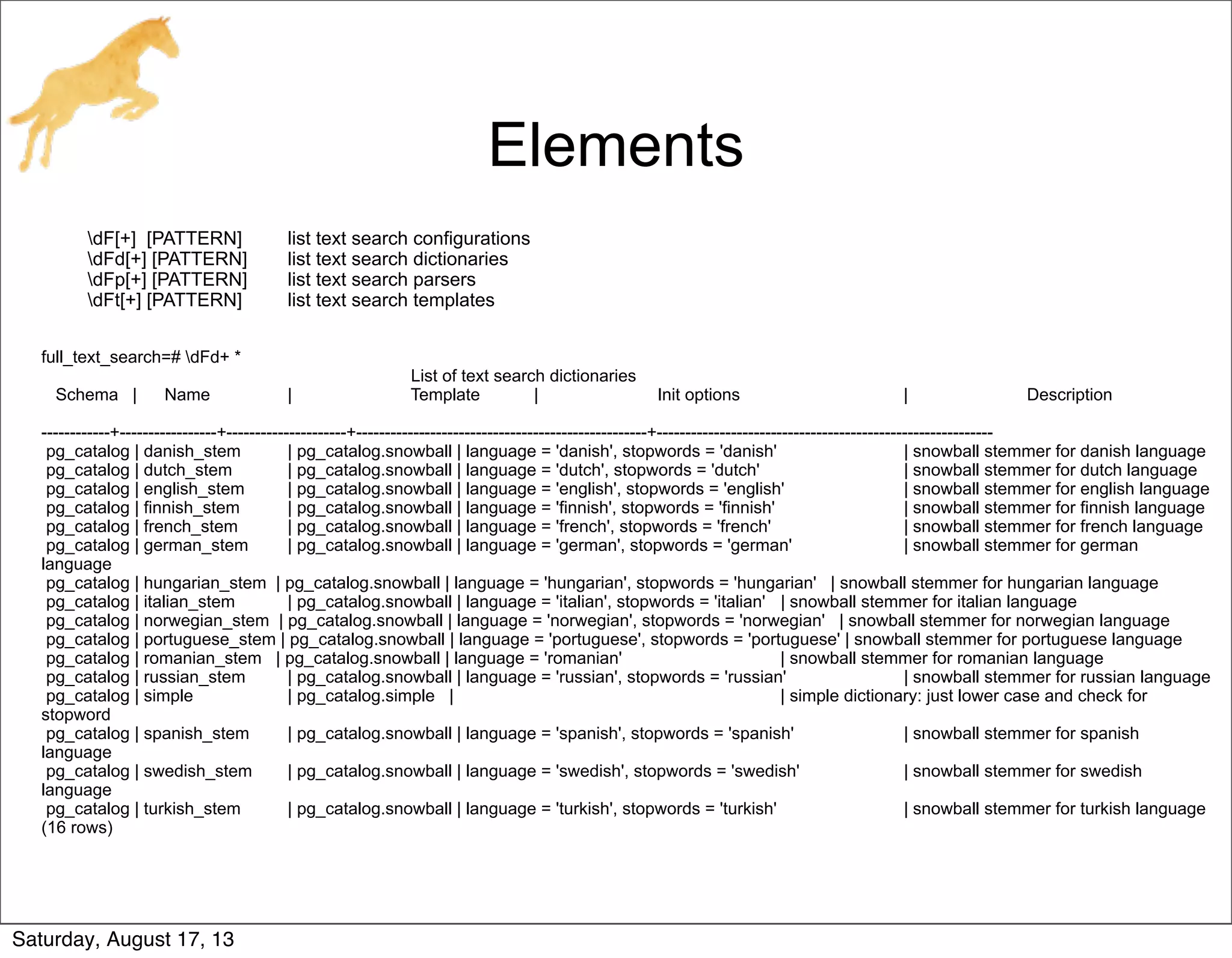 Elements
dF[+] [PATTERN] list text search configurations
dFd[+] [PATTERN] list text search dictionaries
dFp[+] [PATTERN] list text search parsers
dFt[+] [PATTERN] list text search templates
full_text_search=# dFd+ *
List of text search dictionaries
Schema | Name | Template | Init options | Description
------------+-----------------+---------------------+---------------------------------------------------+-----------------------------------------------------------
pg_catalog | danish_stem | pg_catalog.snowball | language = 'danish', stopwords = 'danish' | snowball stemmer for danish language
pg_catalog | dutch_stem | pg_catalog.snowball | language = 'dutch', stopwords = 'dutch' | snowball stemmer for dutch language
pg_catalog | english_stem | pg_catalog.snowball | language = 'english', stopwords = 'english' | snowball stemmer for english language
pg_catalog | finnish_stem | pg_catalog.snowball | language = 'finnish', stopwords = 'finnish' | snowball stemmer for finnish language
pg_catalog | french_stem | pg_catalog.snowball | language = 'french', stopwords = 'french' | snowball stemmer for french language
pg_catalog | german_stem | pg_catalog.snowball | language = 'german', stopwords = 'german' | snowball stemmer for german
language
pg_catalog | hungarian_stem | pg_catalog.snowball | language = 'hungarian', stopwords = 'hungarian' | snowball stemmer for hungarian language
pg_catalog | italian_stem | pg_catalog.snowball | language = 'italian', stopwords = 'italian' | snowball stemmer for italian language
pg_catalog | norwegian_stem | pg_catalog.snowball | language = 'norwegian', stopwords = 'norwegian' | snowball stemmer for norwegian language
pg_catalog | portuguese_stem | pg_catalog.snowball | language = 'portuguese', stopwords = 'portuguese' | snowball stemmer for portuguese language
pg_catalog | romanian_stem | pg_catalog.snowball | language = 'romanian' | snowball stemmer for romanian language
pg_catalog | russian_stem | pg_catalog.snowball | language = 'russian', stopwords = 'russian' | snowball stemmer for russian language
pg_catalog | simple | pg_catalog.simple | | simple dictionary: just lower case and check for
stopword
pg_catalog | spanish_stem | pg_catalog.snowball | language = 'spanish', stopwords = 'spanish' | snowball stemmer for spanish
language
pg_catalog | swedish_stem | pg_catalog.snowball | language = 'swedish', stopwords = 'swedish' | snowball stemmer for swedish
language
pg_catalog | turkish_stem | pg_catalog.snowball | language = 'turkish', stopwords = 'turkish' | snowball stemmer for turkish language
(16 rows)
Saturday, August 17, 13
 