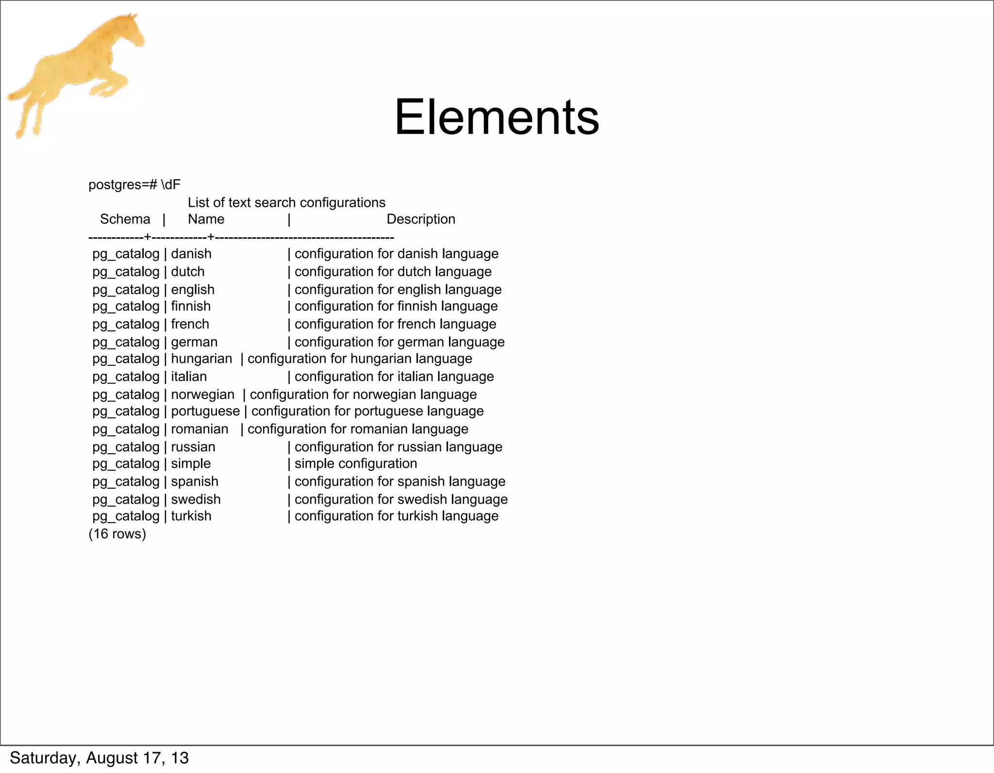 Elements
postgres=# dF
List of text search configurations
Schema | Name | Description
------------+------------+---------------------------------------
pg_catalog | danish | configuration for danish language
pg_catalog | dutch | configuration for dutch language
pg_catalog | english | configuration for english language
pg_catalog | finnish | configuration for finnish language
pg_catalog | french | configuration for french language
pg_catalog | german | configuration for german language
pg_catalog | hungarian | configuration for hungarian language
pg_catalog | italian | configuration for italian language
pg_catalog | norwegian | configuration for norwegian language
pg_catalog | portuguese | configuration for portuguese language
pg_catalog | romanian | configuration for romanian language
pg_catalog | russian | configuration for russian language
pg_catalog | simple | simple configuration
pg_catalog | spanish | configuration for spanish language
pg_catalog | swedish | configuration for swedish language
pg_catalog | turkish | configuration for turkish language
(16 rows)
Saturday, August 17, 13
 