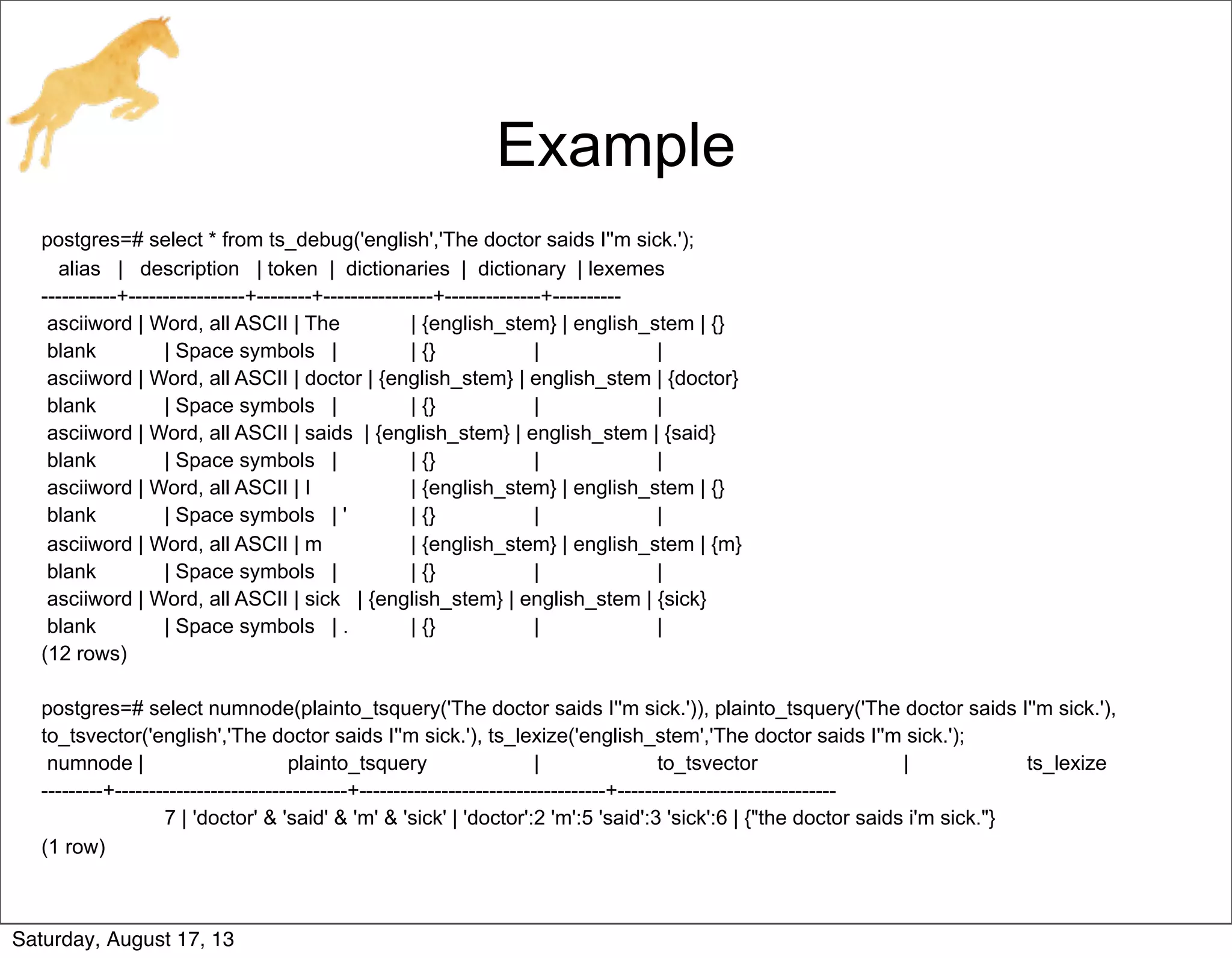 Example
postgres=# select * from ts_debug('english','The doctor saids I''m sick.');
alias | description | token | dictionaries | dictionary | lexemes
-----------+-----------------+--------+----------------+--------------+----------
asciiword | Word, all ASCII | The | {english_stem} | english_stem | {}
blank | Space symbols | | {} | |
asciiword | Word, all ASCII | doctor | {english_stem} | english_stem | {doctor}
blank | Space symbols | | {} | |
asciiword | Word, all ASCII | saids | {english_stem} | english_stem | {said}
blank | Space symbols | | {} | |
asciiword | Word, all ASCII | I | {english_stem} | english_stem | {}
blank | Space symbols | ' | {} | |
asciiword | Word, all ASCII | m | {english_stem} | english_stem | {m}
blank | Space symbols | | {} | |
asciiword | Word, all ASCII | sick | {english_stem} | english_stem | {sick}
blank | Space symbols | . | {} | |
(12 rows)
postgres=# select numnode(plainto_tsquery('The doctor saids I''m sick.')), plainto_tsquery('The doctor saids I''m sick.'),
to_tsvector('english','The doctor saids I''m sick.'), ts_lexize('english_stem','The doctor saids I''m sick.');
numnode | plainto_tsquery | to_tsvector | ts_lexize
---------+----------------------------------+------------------------------------+--------------------------------
7 | 'doctor' & 'said' & 'm' & 'sick' | 'doctor':2 'm':5 'said':3 'sick':6 | {"the doctor saids i'm sick."}
(1 row)
Saturday, August 17, 13
 